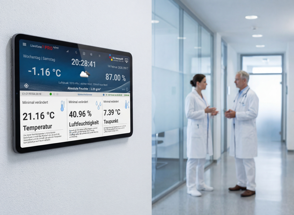 LiwoGate Dashboard zeigt Echtzeit-Klimadaten mit Temperatur- und Feuchtigkeitsgraphen
